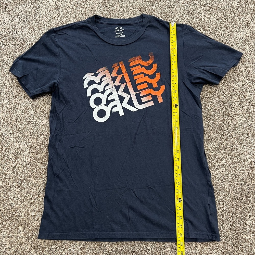 Oakley T Shirt Mens L Spell Out Graphic Logo Short Sleeve Shirt Blue Snowboard